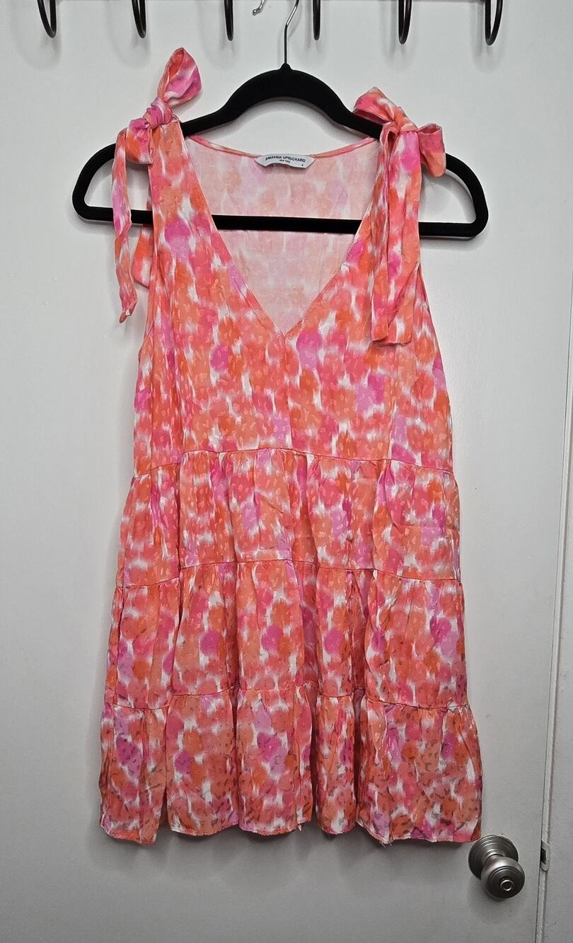 Amanda Uprichard M Pink Coral Tie Shoulder Tiered Mini Dress Summer Vacation
